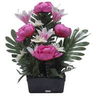 Jardinière fleurs artificielles Pivoine, Lys, Gerbera et ficus Rose fushia pour la Toussaint