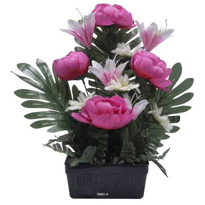 Jardinière fleurs artificielles Pivoine, Lys, Gerbera et ficus Rose fushia pour la Toussaint