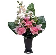 Pot Cône d'Orchidées fleurs artificielles pour le cimetière H 57 cm D 40 cm Rose soutenu