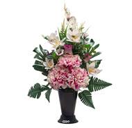 Pot Cône d'Oeillets fleurs artificielles pour le cimetière H 57 cm D 37 cm Fushia