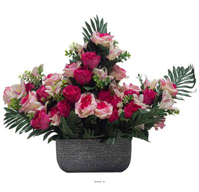 Devant de tombe pot Béton fleurs artificielles pour le cimetière H 45 cm Lg 54 cm Fushia