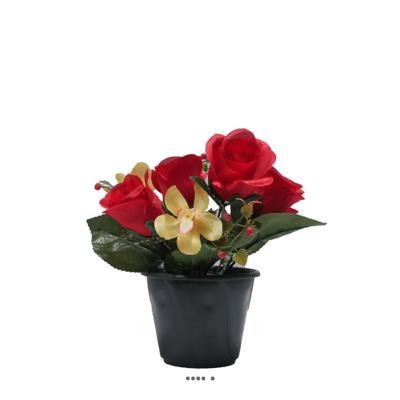 Pot composition fleurs artificielles cimetière roses et orchidées H 24 cm L 16 cm Rouge