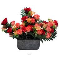 Devant de tombe pot Béton fleurs artificielles pour le cimetière H 45 cm Lg 54 cm Rouge
