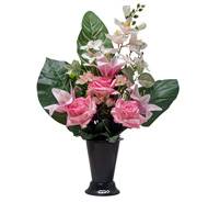 Pot Cône d'Orchidées fleurs artificielles pour le cimetière H 57 cm D 40 cm Rose soutenu