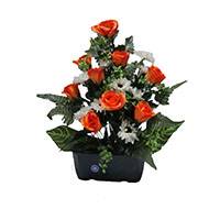 Jardinière fleurs artificielles cimetière gerberas, roses et buis H 53 cm L 40 cm Orange