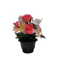 Composition fleurs artificielles cimetière pot roses lys arums H 28 cm D 25 cm Rose saumon