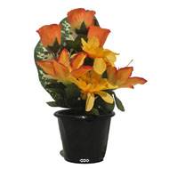 Pot pour la Tombe de Dahlias, Lys tigrés et Boutons de Rose artificiels Orange