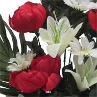 Jardinière fleurs artificielles Pivoine, Lys, Gerbera et ficus Rouge pour la Toussaint