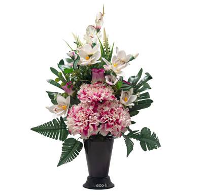 Pot Cône d'Oeillets fleurs artificielles pour le cimetière H 57 cm D 37 cm Fushia