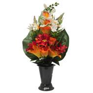 Pot Cone de fleurs artificielles Rose, Lys, Gerbera et Orchidée Orange pour la Toussaint