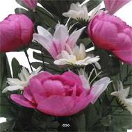 Jardinière fleurs artificielles Pivoine, Lys, Gerbera et ficus Rose fushia pour la Toussaint