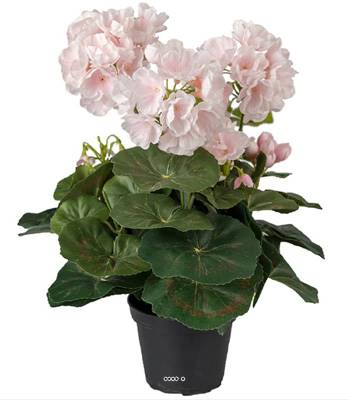 Géranium factice Rose pâle 6 têtes en pot lesté H35cm belles feuilles