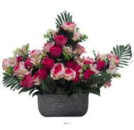 Devant de tombe pot Béton fleurs artificielles pour le cimetière H 45 cm Lg 54 cm Fushia