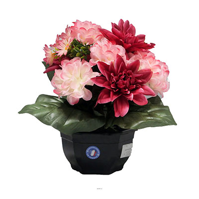 Vasque fleurs artificielles cimetière dahlias et chrysanthèmes Rose fushia