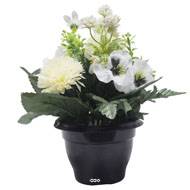 Pot de Chrysantheme, pensée et mini fleurs artificiels pour la Toussaint Crème