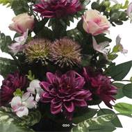 Vasque de Dahlia, Rose, Mini fleurs, Chardon et Ficus Pourpre artificiels - Toussaint