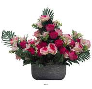 Devant de tombe pot Béton fleurs artificielles pour le cimetière H 45 cm Lg 54 cm Fushia